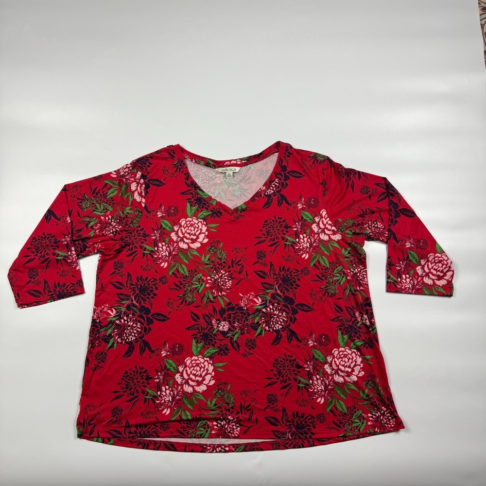 Pioneer Woman Blouse Top Women's 2XL Red Floral Soft Stretch 3/4 Sleeve V-Neck